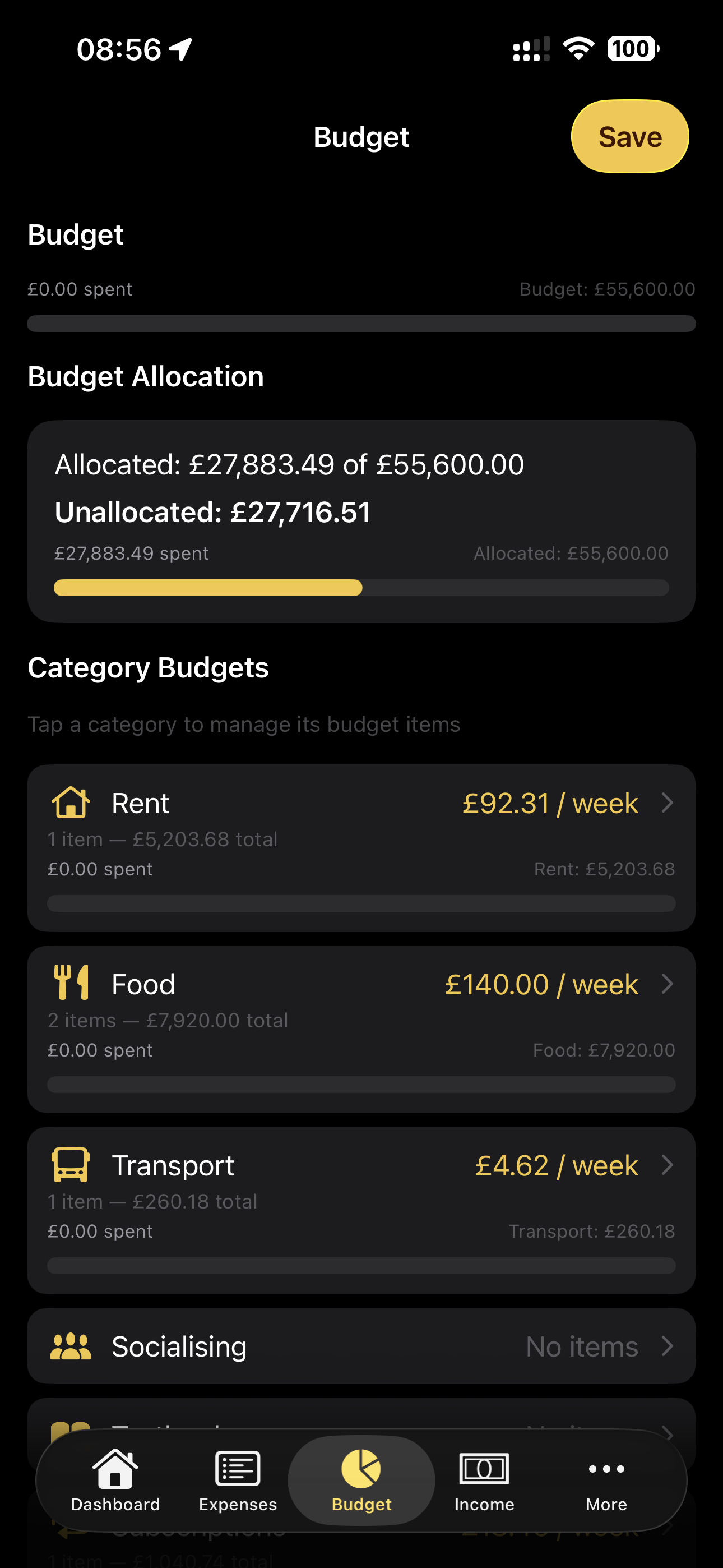 UniWallet Budget Screen