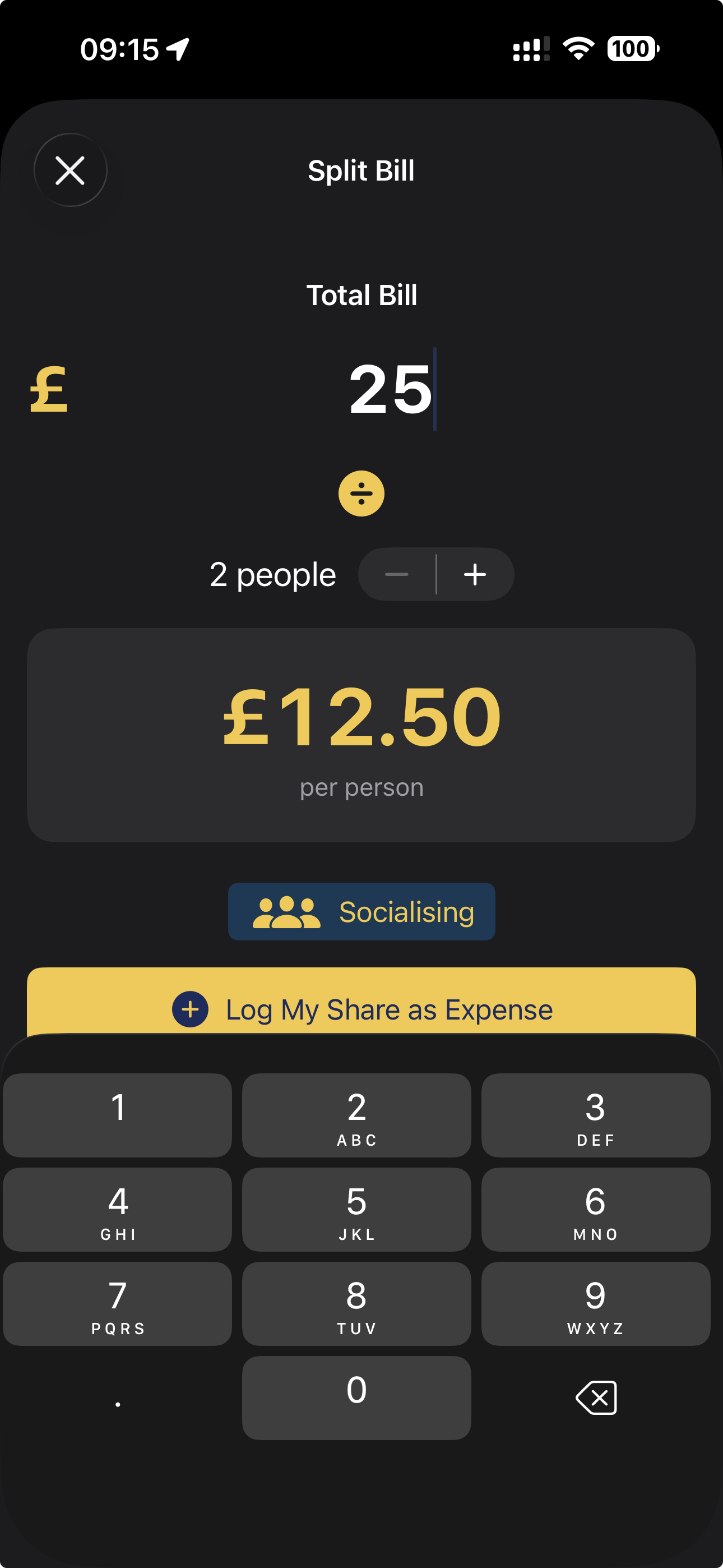 UniWallet Bill Splitter Screen